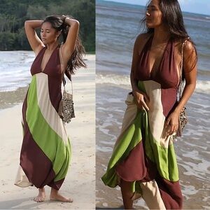 Free People Give Me A Spin Striped Brown Green Stripe Boho Midi Dress Size Small